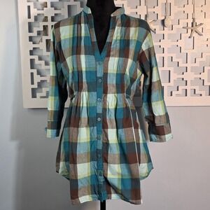 Mileage Plaid Cotton Tunic Top Womens L V-Neck Drawstring Blue Green Brown